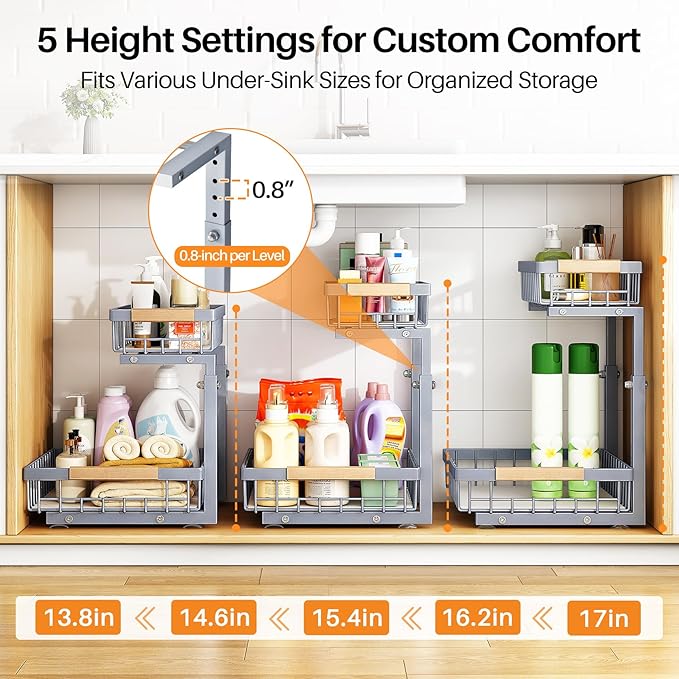 PXRACK Under Sink Organizer, Adjustable Height, 2 Tier Pull Out Under Cabinet Organizer, Slide Out Thickened Metal Under Sink Storage for Kitchen Bathroom Laundry Pantry Cabinet, Grey, Large-1-Pack