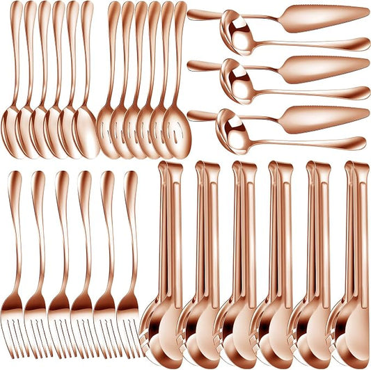 Thenshop 30 Pcs Serving Utensils Set Stainless Steel Flatware Serving Set Include Large Spoons Slotted Spoons Forks Soup Ladle Pie Server and Tongs for Buffet Catering Party Restaurant(Rose Gold)