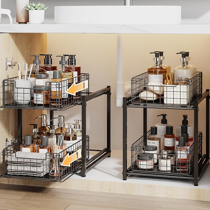 Under Sink Organizer, 2-Tier Pull Out Cabinet Organizer, Kitchen Bathroom Organizer and Storage, Spice Rack for Kitchen, Multi-use Sliding Drawers Shelves (1, Black)