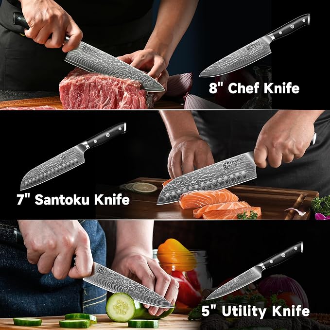 KEEMAKE Damascus Kitchen Knife Set, 3 PCS Japanese Knife Sets with Full Tang Ergonomic Handle, 67 Layers Damascus Chef Knives, Gift Box for Men Husband
