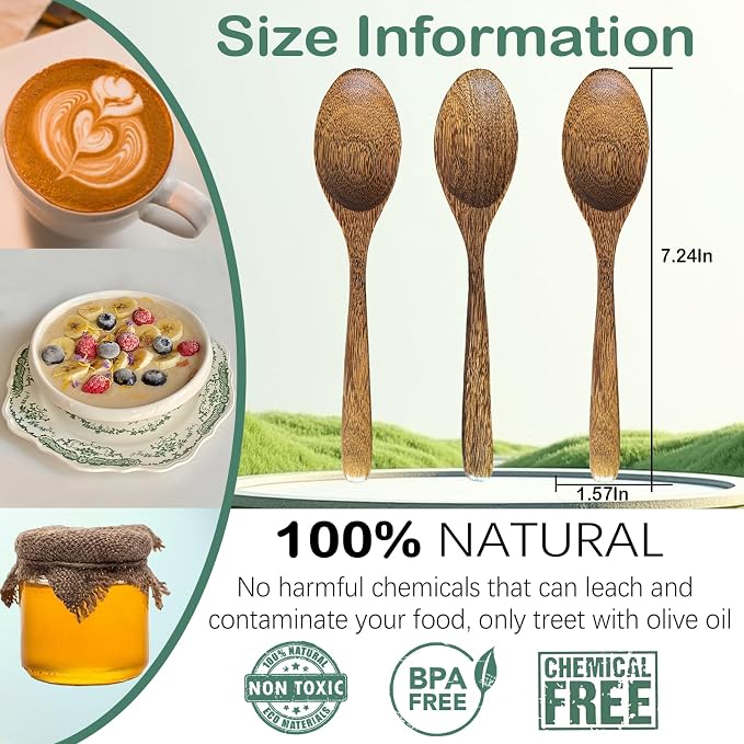 3 PCS: 7 Inch Uncoated Wood Spoons for Eating, Wooden Spoons for Honey, Jam, Coffe, Oatmeal, Cereal & Dessert - Handcrafted Non-Metal Eating & Stirring Utensil, Non-Scratch (Breakfast, Kitchen)