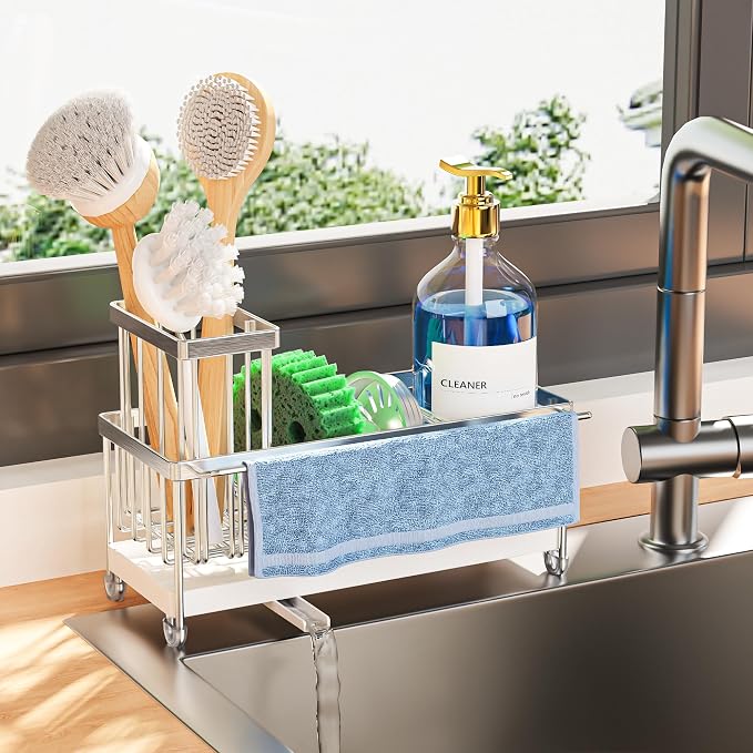 Cisily Sponge Holder for Kitchen Sink, Sink Caddy Organizer with High Brush Holder, Kitchen Countertop Organizers and Storage Essentials, Rustproof 304 Stainless Steel (Silver with Towel Rack, 9.25″)