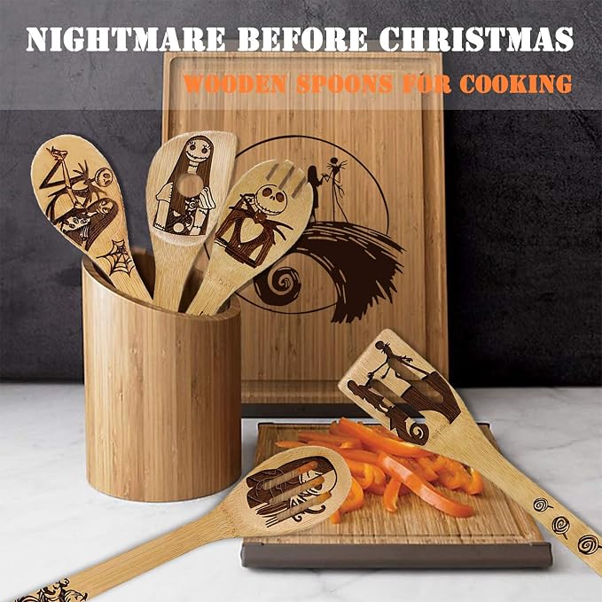 Nightmare Before Christmas Gifts - 5 Pcs Wooden Spoons for Cooking,Halloween Kitchen Utensils Set,Cooking Utensils set for Halloween Decor