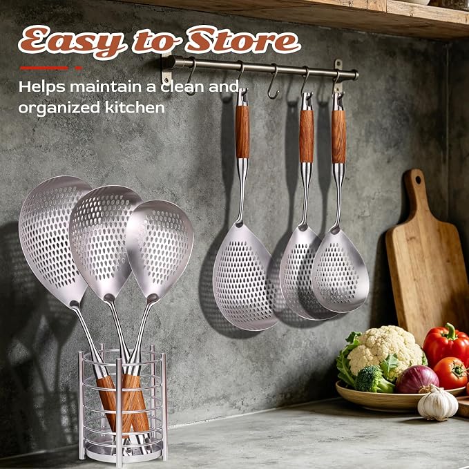 MARTE Skimmer Slotted Spoon Set of 3-304 Stainless Steel Spider Strainer Tools Ladle Spoon with Handle for Cooking and Frying - Kitchen Large Pasta Strainer Frying Colander - 14.8In,16.5In,17In