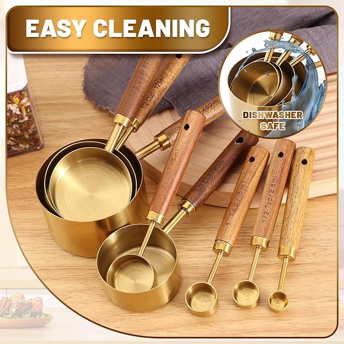 Premium Stainless Steel Measuring Cups and Spoons Set with Wood Handle | 8-Pieces Kitchen Essentials for Baking, Cooking, Coffee with Ergonomic Grip & Engraved Markings (Gold8)