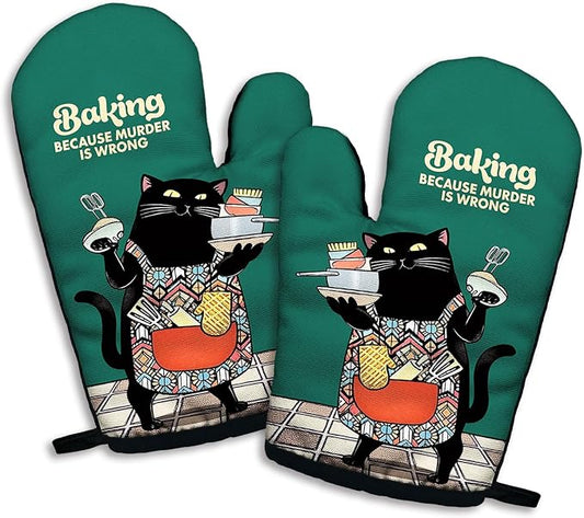 Baking Because Murder is Wrong, Funny Silicone Non-Slip Oven Mitts Sets of 2, Retro Baking Mitts, Bake Lover Gift, Cat Lover Gift, Kitchen Gift for Cat Owner