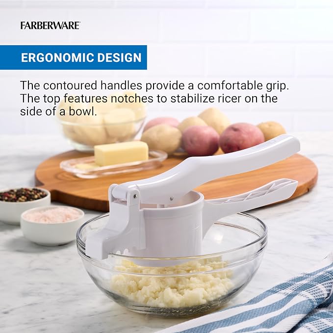 Farberware Professional Potato Ricer with 3 Stainless Steel Discs and Ergonomic Plastic Handle, White - Makes Fluffy Mashed Potatoes, Rices Vegetables and Fruits, Dishwasher Safe, 13.75 Inches