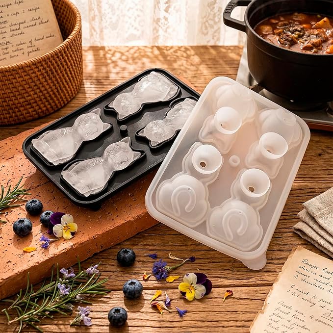 Cat Ice Cube Tray Mold - Cute Fun Ice Molds Gifts for Cat Lovers Women Men | 3D Cat Shape Cute Ice Molds for Whiskey Bourbon, 4-Hole Large Fun Shapes Themed Funny Gifts, for Cat Lovers Women Men