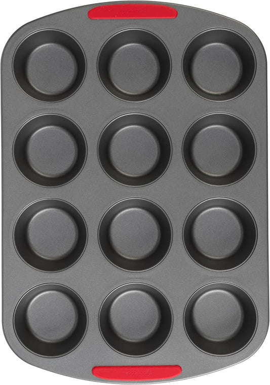 GoodCook MegaGrip 12-Cup Muffin Pan with Silicone Grip Handles Perfect for Cupcakes Durable Heavy-Gauge Steel Construction Scratch-Resistant Nonstick Coating, 15.5x10.5-Inch, Gray (Pack of 12)