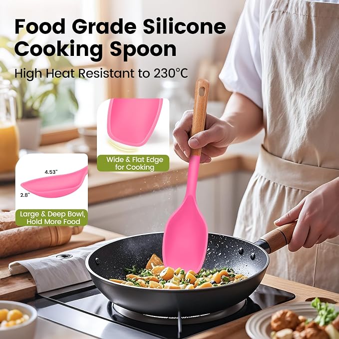Large Silicone Cooking Spoons Set, 2 Pcs Heat Resistant Serving Spoon, Multifunction Nonstick Spatula Spoon for Mixing, Stiring, Basting, Scooping,Scraping (Berry Carnival Fuchsia)