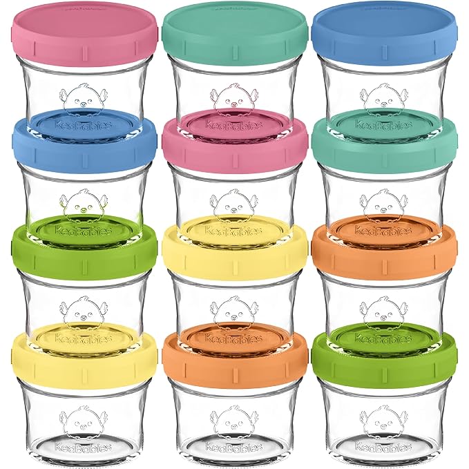 KeaBabies 12pk 4oz Glass Baby Food Containers with Lids, Leak-Proof (Kea) | Microwavable Small Glass Jars, Baby Purees, Toddler Snack Storage Containers, BPA-Free, Dishwasher-safe, Freezer Safe