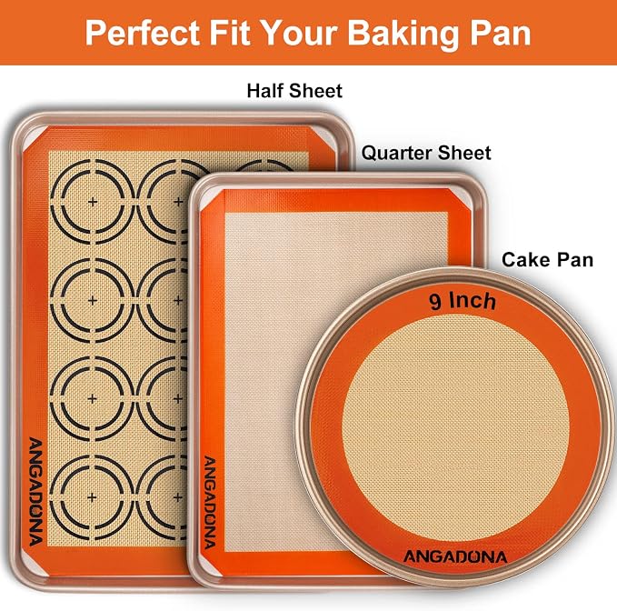 Silicone Baking Mat Sheets Set, Easy Clean &Non-Stick Food Grade Reusable Baking Mats, 2 Half Sheet Cookie mat+1 Quarter sheet+1 Round cake Mats for Oven, Macarons, Cookies, Pizza, Pastry