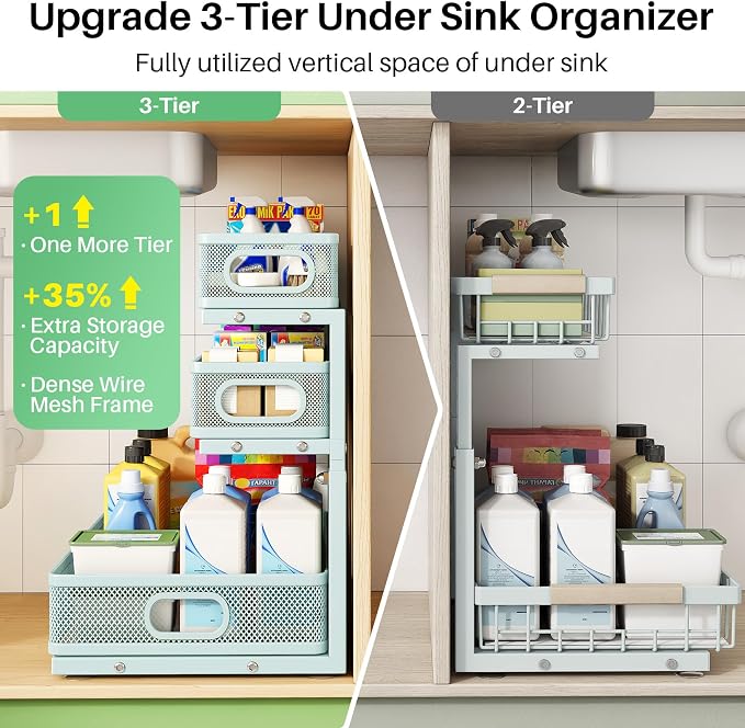 Under Sink Organizer, 2-Pack 3-Tier Height Adjustable Thickened Metal Pull out Cabinet Organizer Shelf, Slide out Storage Drawer Rack for Bathroom Kitchen Pantry Home Organization, LightBlue