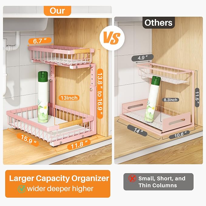 PXRACK Under Sink Organizer, Adjustable Height, 2 Tier Pull Out Under Cabinet Organizer, Slide Out Thickened Metal Under Sink Storage for Kitchen Bathroom Laundry Pantry Cabinet, Pink, Large-2-Pack