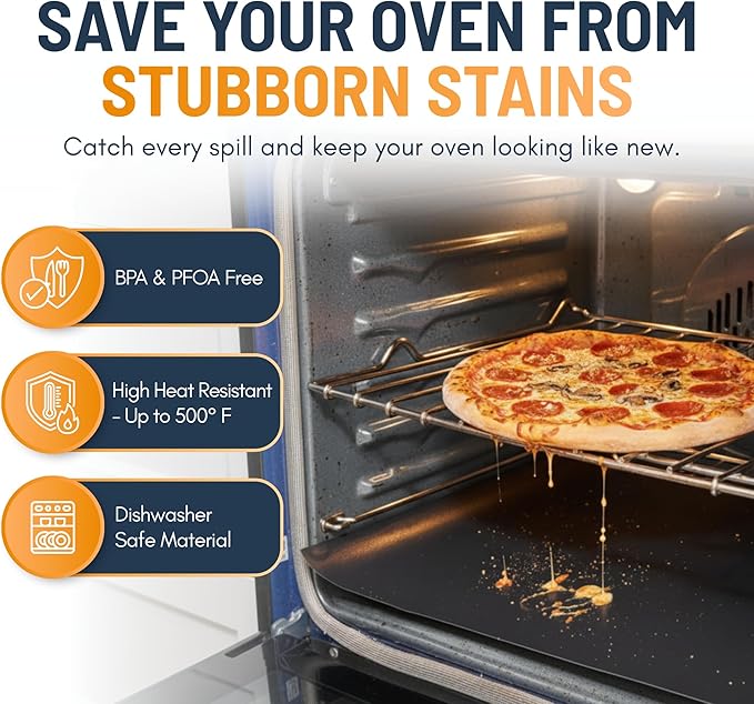 Oven Liners for Bottom of Oven - 4 Pack Large Heavy Duty Mats, 17”x25” Non-Stick Reusable Liner for Electric, Gas, Toasters, Grills - BPA & PFOA Free Kitchen Accessory to Keep It Clean (Black)