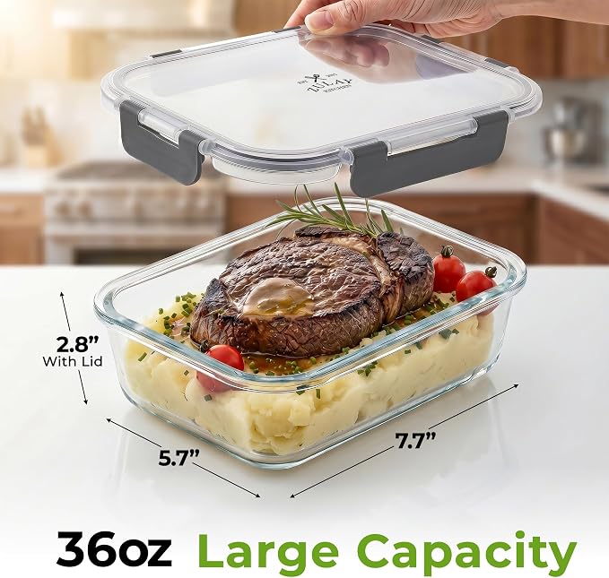 Zulay Kitchen 5 Piece Large 36oz Glass Storage Container Sets with Lids - Premium BPA Free Borosilicate Glass Food Storage Containers - Leak-Proof Meal Prep - Microwave, Freezer & Oven Safe - Gray