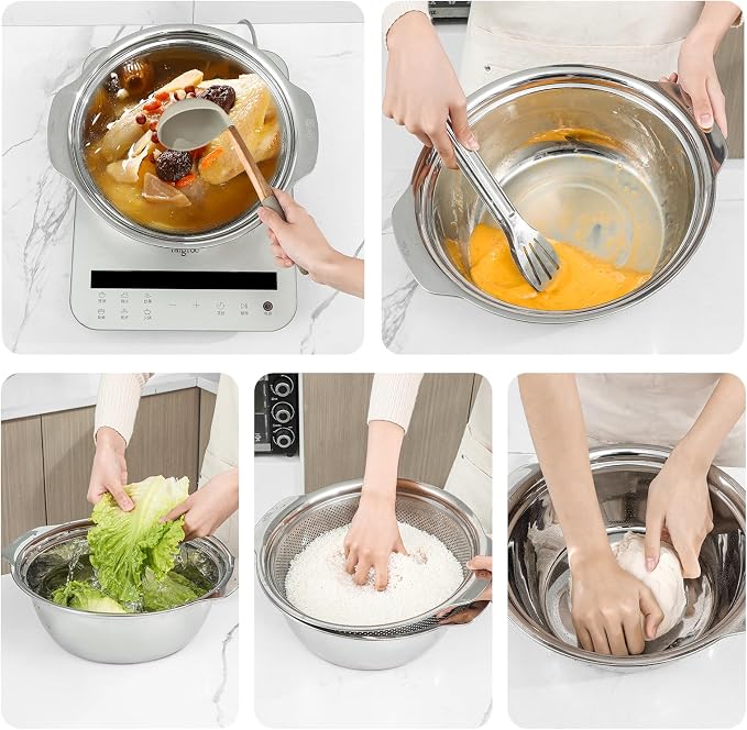 Paoli 304 Stainless Steel Fine Mesh Colander Set, 4QT Large Capacity Strainer with Mixing Bowl — Rinse Fruits, Veggies, Rice & Drain Pasta, Dishwasher Safe (2-Piece Gold)