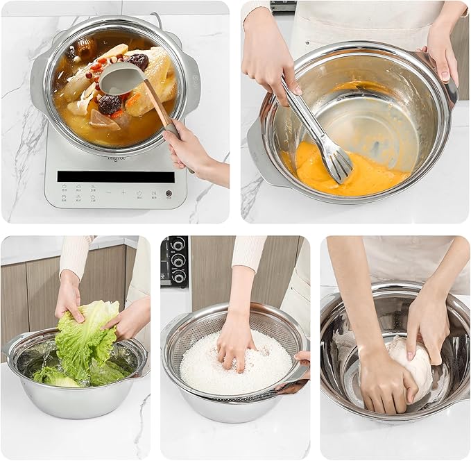 Paoli 304 Stainless Steel Fine Mesh Colander Set, 4QT Large Capacity Strainer with Mixing Bowl — Rinse Fruits, Veggies, Rice & Drain Pasta, Dishwasher Safe (2-Piece)