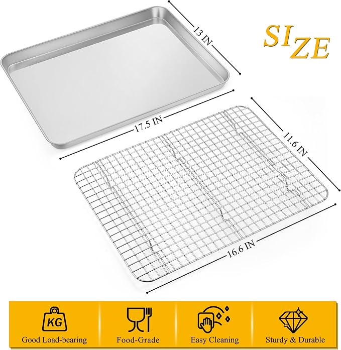 P&P CHEF 17.5 Inch Baking Sheet Pan and Cooking Rack - 2 Pieces | 1x Cookie Sheet + 1x Grid Rack, Stainless Steel Oven Tray with Wire Rack for Oven Baking, Healthy & Sturdy & Easy to Clean