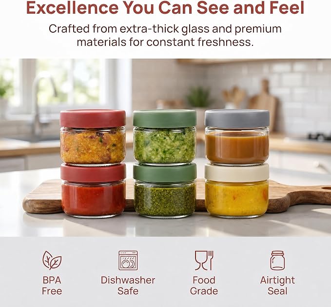 2oz Glass Dressing Containers With Lids, Sauce Jars for Lunch, 12pk | Airtight ,BPA Free,Perfect for to go lunch box Accessories , Dishwansher safe