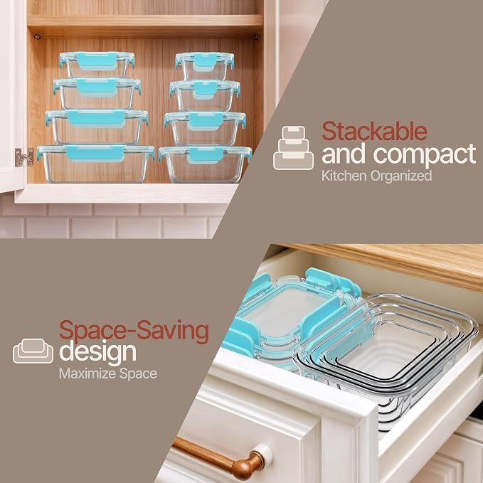 Bakken Borosilicate Glass Food Storage Containers with Lids 24 Pieces, BPA-Free Stackable Lunch & Leftover Containers, Microwave, Freezer & Dishwasher Safe, 100% Airtight Leak-Proof, Aqua