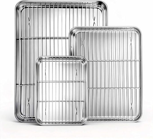 Homikit Baking Sheet with Wire Rack Set (3 Pans + 3 Racks), 16/12/9 Inches | Stainless Steel Sheet Pans with Cooling Racks for Oven, Heavy Duty Metal Cookie Bacon Baking Trays Non Toxic, Dishwasher Safe