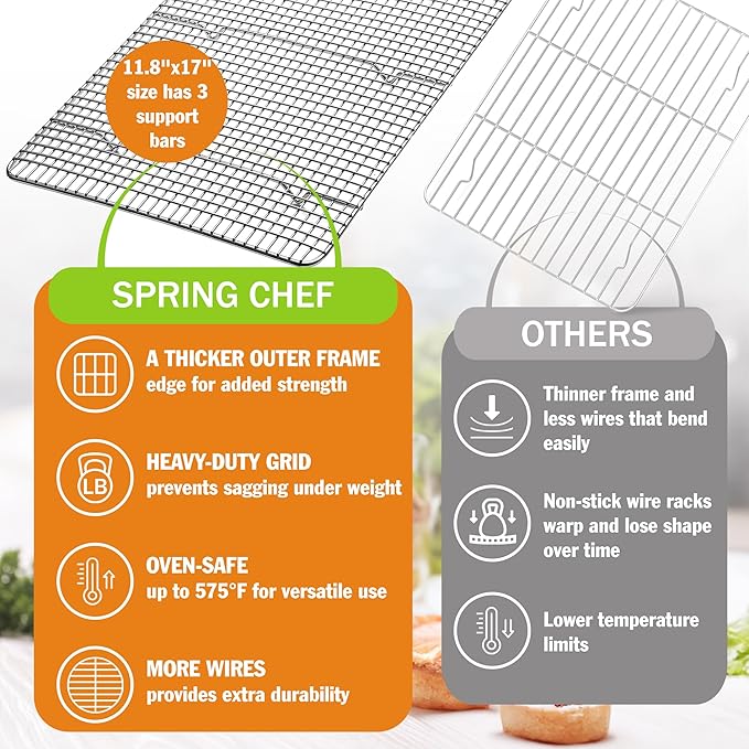 Spring Chef 11.5 x 16.5 Inch Stainless Steel Cooling Racks for Cooling & Baking - Oven Safe - Wire Roasting Racks for Oven Use - Fits Half Sheet Cookie Pan - Dishwasher Safe - Set of 2