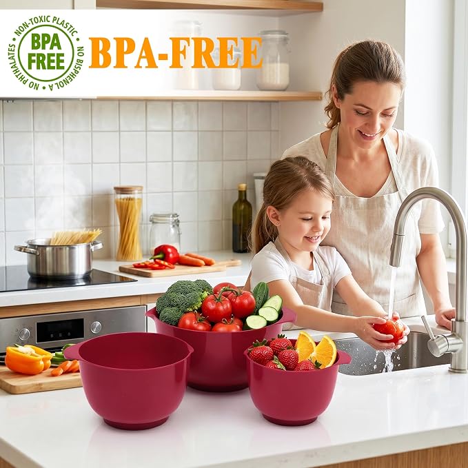 BoxedHome Classic Mixing Bowls Set of 4, BPA Free Plastic, Microwave Safe | 4.5, 3.5, 2.5 and 1.7 QT, Non-slip Base Large Non-toxic Nesting Bowl with Pour Spout, Dishwasher Safe, for Prep, Cooking