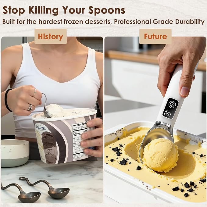 Electric Heated Ice Cream Scoop with Stand, 5000mAh Rechargeable Ice Cream Scooper for Hard Frozen Desserts, 158℉ Fast Melting & Smart LED Display, IP67 Waterproof Anti-Freeze Spoon, Perfect Gift