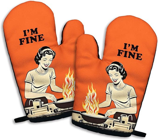I am Fine, Funny Silicone Non-Slip Oven Mitts Sets of 2, Retro Cooking Baking Mitts, Kitchen Gift for Women, Housewarming Gifts, Cooking Baking BBQ Gifts