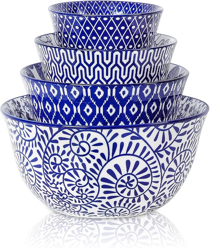 Selamica Ceramic Mixing Bowls, Nesting Bowls Set of 4 for Mixing, Baking, Prepping, Cooking, Salad, 20/36/60/123 oz, Microwave & Dishwasher Safe, Vintage Blue