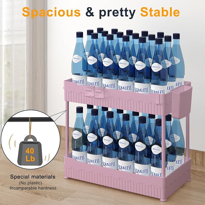 2-Pack Under Sink Organizer with Hooks & Hanging Cup for Kitchen | Multi-use kitchen & bathroom storage, 14.8 inch pink cabinet organizer, with hooks and hanging cup for easy access.