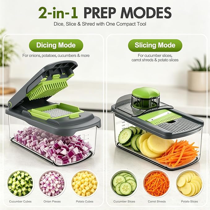 Ourokhome Vegetable Chopper with Container, 8-Blade Onion Chopper & Mandolin Slicer, 2-Lid Food Dicer with Safety Lock, Veggie Shredder Grater for Kitchen Meal Prep, Kitchen Gadgets (8 in 1, Gray)