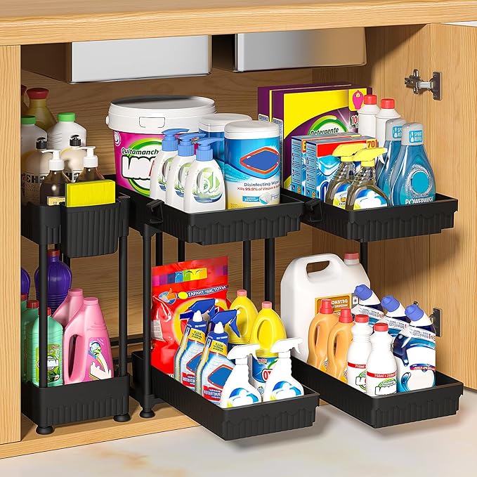 3-Pack 2-Tier Under Sink Organizers with Sliding Drawers | Multi-use kitchen & bathroom storage, 12.8 inch 2-Tier Sliding cabinet organizer, space-saving sliding drawer design.