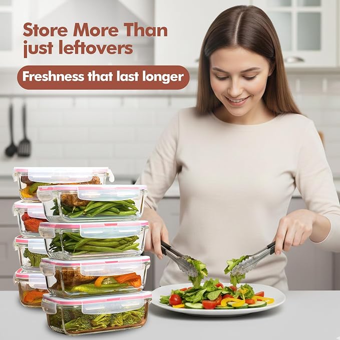 Razab 16 Pc (Set of 8) 30 Oz Glass Meal Prep Containers with Lids, Airtight Large Glass Food Storage Containers, Reusable Leak Proof BPA Free, Freezer to Oven and Dishwasher Safe