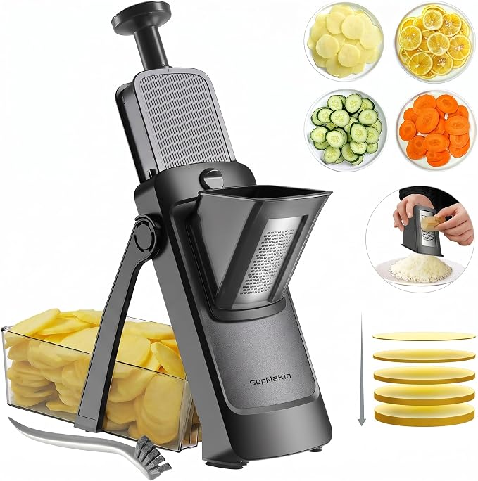 SupMaKin Upgrade Larger Safe Mandoline Slicer with Cheese Grater Potato Slicer for Chips, Vegetable Slicer,Thickness Adjustable 0.1-8 mm, Drain baskets and containers (Only Slicer) Black
