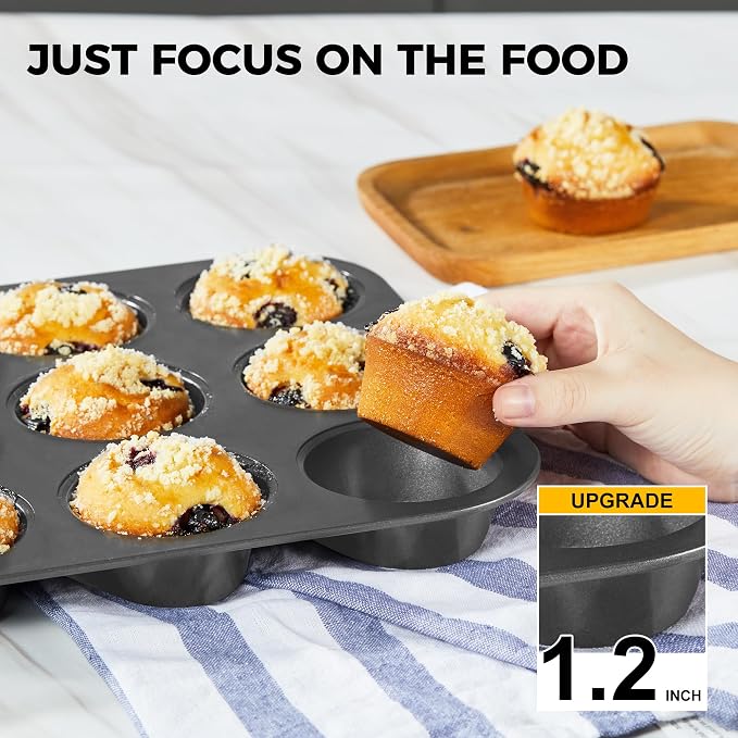Muffin Pans with 120 Natural Parchment Liners, Nonstick Cupcake Baking Tray for Oven, Premium Standard Size, 12 Cup, 2 Pack, Dark Grey