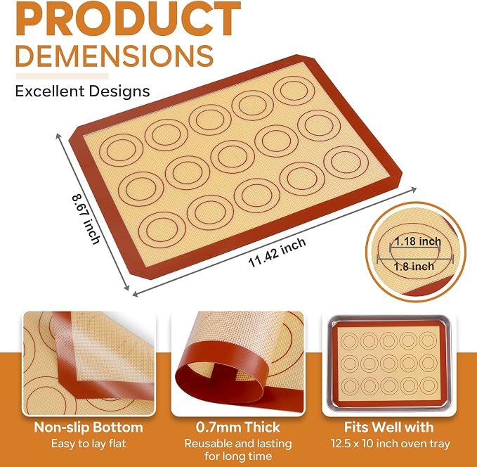 P&P CHEF 11.6 Inch Silicone Baking Mat, 2Pcs Non-stick Silicone Oven Mats | Reusable Baking Supplies for Macaroon Pastry Bread Dough Cookie Pizza, Good for Roasting Kneading, Fit Well with Sheet Pan