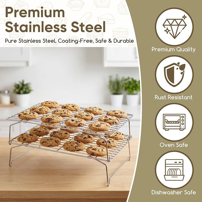 Herogo Cooling Rack, 2-Tier Stainless Steel Baking Rack for Cookies, Cupcakes, and Pastries, Collapsible Space-Saving Design, Dishwasher Safe, Ideal for Baking, Roasting, and Drying