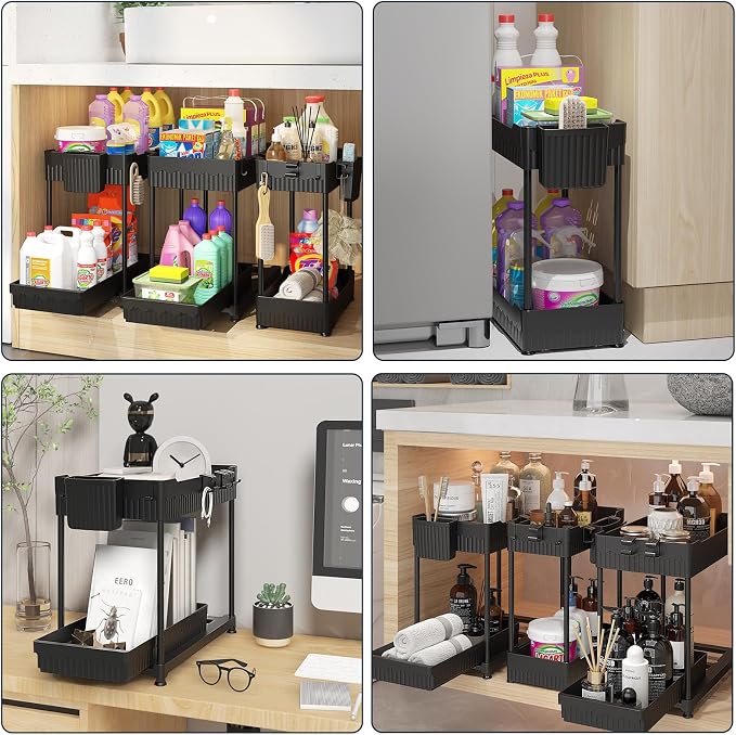 3-Pack 2-Tier Under Sink Organizers with Sliding Drawers | Multi-use kitchen & bathroom storage, 14.8 inch black cabinet organizer, space-saving sliding drawer design.