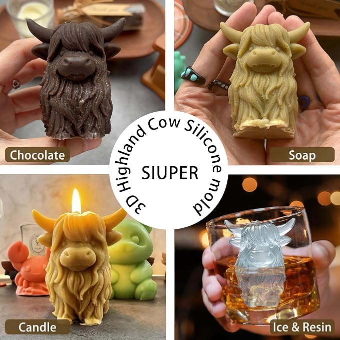 3D Highland Cow Ice Cube Silicone Molds Tray for Whiskey, Cocktail, Drink, Bar; Rich Details. Fun Animal Mold for DIY Taba Squishy Chocolate Soap Candle Resin Gift for Women Girls Boys; 2 Pack