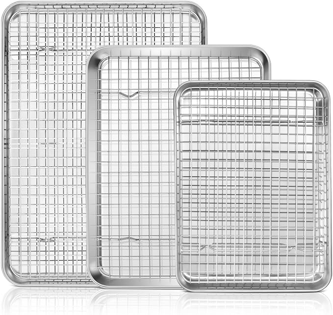 16"+12.5"+9" Baking Sheet with Wire Rack, Leonyo Stainless Steel Baking Sheet & Cooling Rack, Commercial Nonstick Cookie Tray Pan for Kitchen Cooking, Oven Roasting - 6 Pack