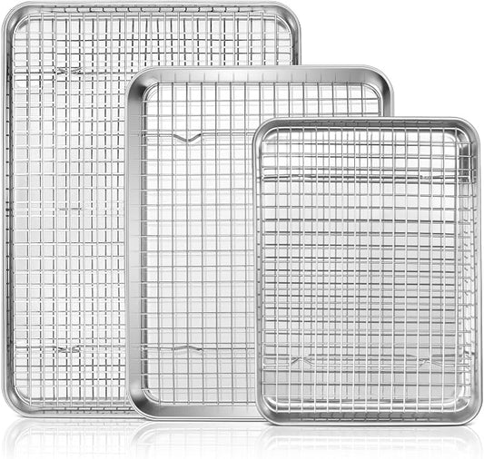16"+12.5"+9" Baking Sheet with Wire Rack, Leonyo Stainless Steel Baking Sheet & Cooling Rack, Commercial Nonstick Cookie Tray Pan for Kitchen Cooking, Oven Roasting - 6 Pack