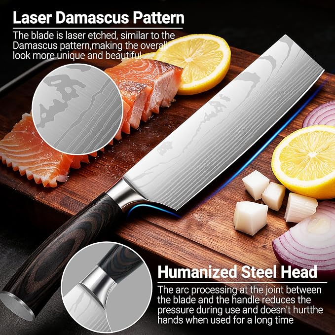 Nakiri Knife 7 Inch Sharp Meat Cleaver and Vegetable Kitchen Knife Damascus Asian Chef Knife for Home and Kitchen with Ergonomic Handle High Carbon Stainless Steel knife Chef Cooking Gift