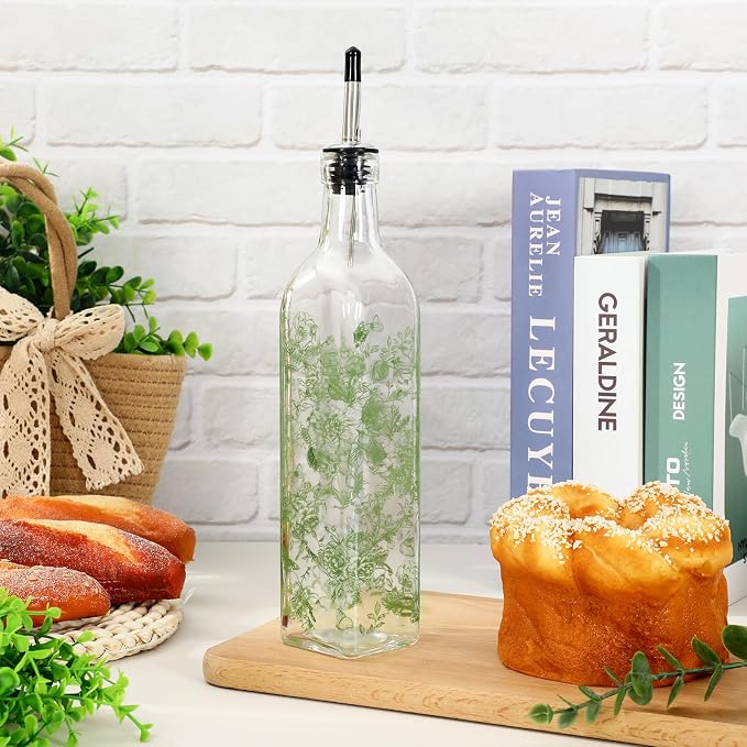 JarThenaAMCS Chinoiserie Olive Oil Dispenser Bottle Green Floral Glass Cruet Bottle with Spout Cooking Vinegar Container for Home Kitchen Table Countertop Decor