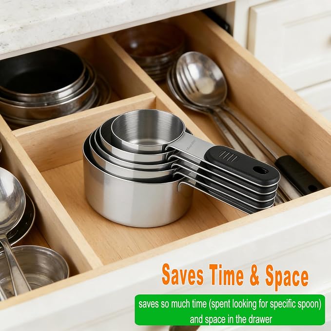 Magnetic Handles 5 Piece Stainless Steel Measuring Cups, Black, Kitchen Gadgets for Measure Liquid and Dry Ingredients, Cooking & Baking