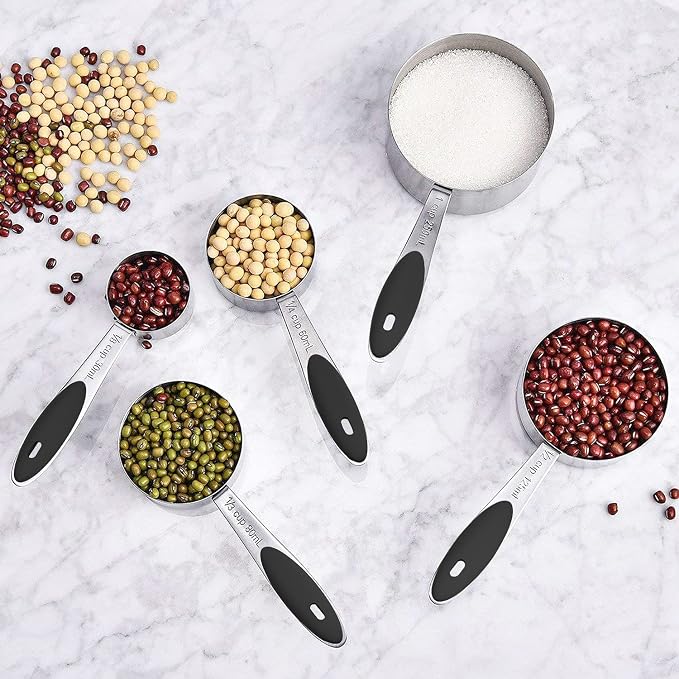 Measuring Cups & Spoons Set of 16, Wildone Stainless Steel Measuring Cups and Measuring Spoons with Black Silicone Handle, Including 8 Nesting Cups, 8 Spoons, for Dry and Liquid Ingredient | 8 Measuring Cups and 8 Measuring Spoons, Nesting Design, Heav...