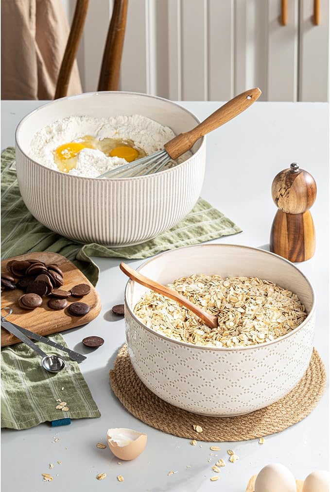 Mikiegy Ceramic Mixing Bowls Set of 2, Nesting Ceramic Embossment Stoneware Mixing Bowls for Cooking, Serving, Popcorn, Salad etc, Microwave & Dishwasher Safe, 98/145 oz, Off-White