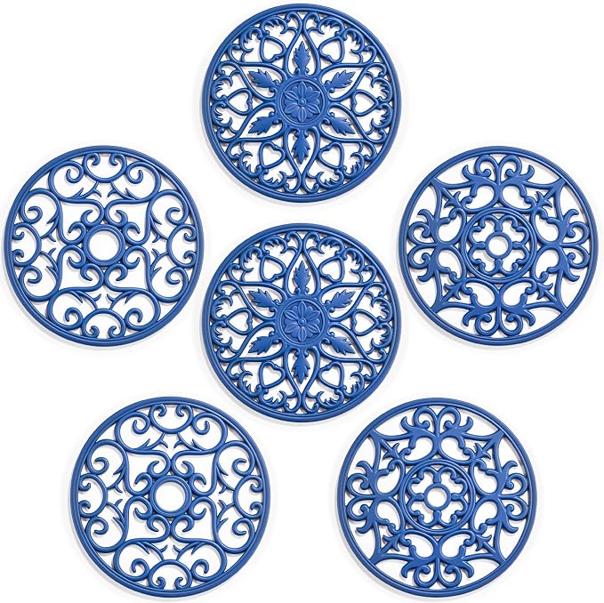 SMARTAKE 6 Set Silicone Trivet Mats for Hot Dishes, Heat Resistant Pots and Pans Holders, Non-Slip Flexible Hot Pads Coasters for Countertops Table, Modern Kitchen Decor Accessories (Navy Blue)