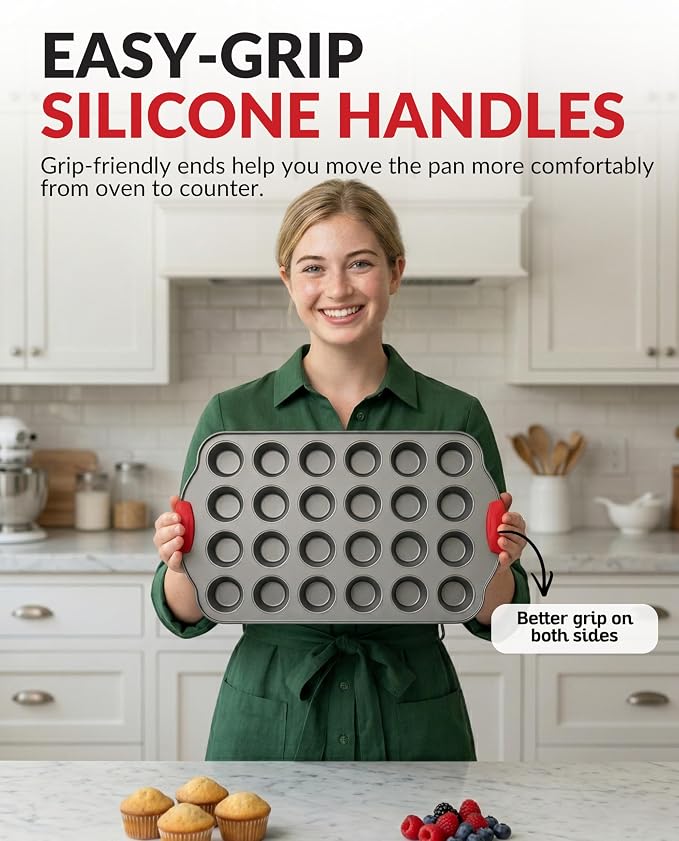 24 Cup Mini Muffin Pan with Silicone Handles | Professional Non-Stick Cupcake Pan for Muffins, Cupcakes, Egg Bites, and More